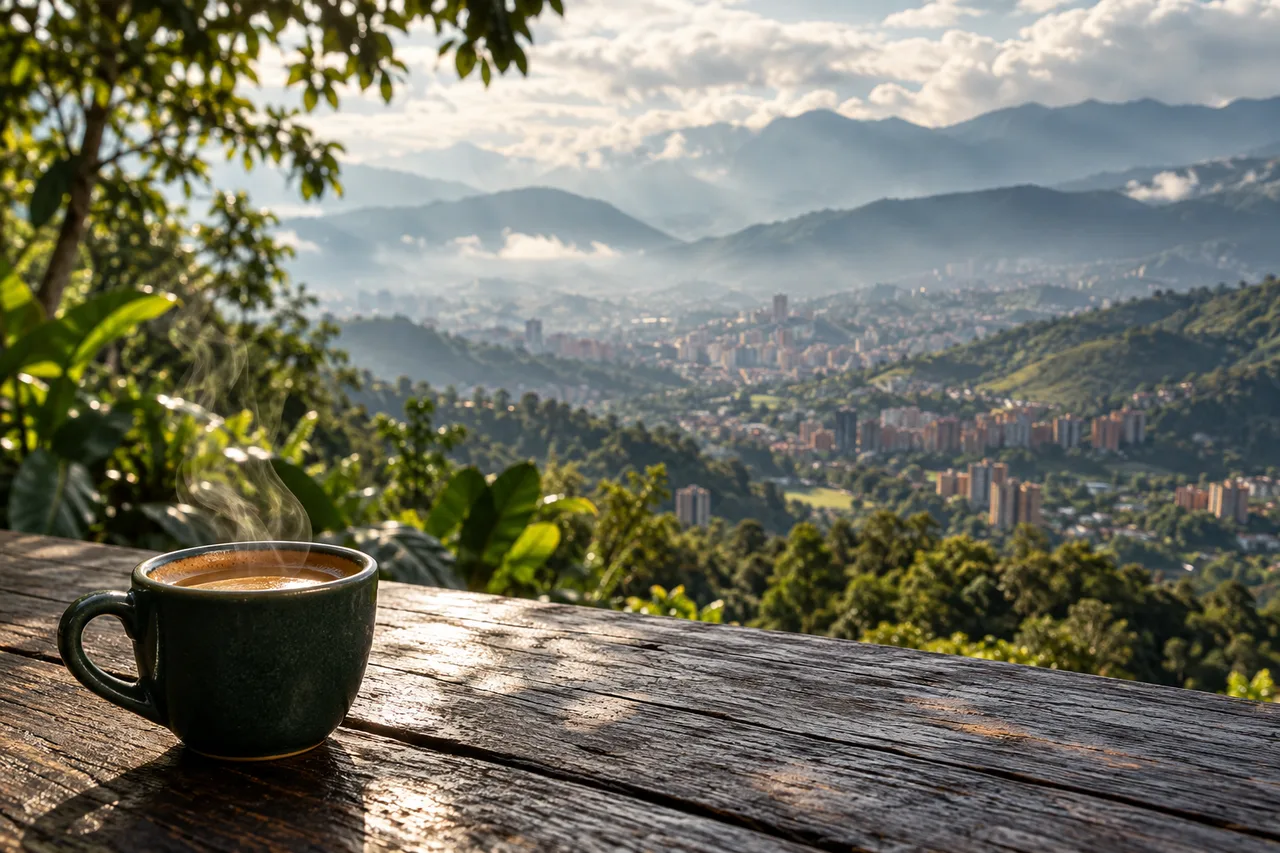 Imagen de campaña: un café frente a un paisaje de montañas y ciudad inspirado en Medellín.