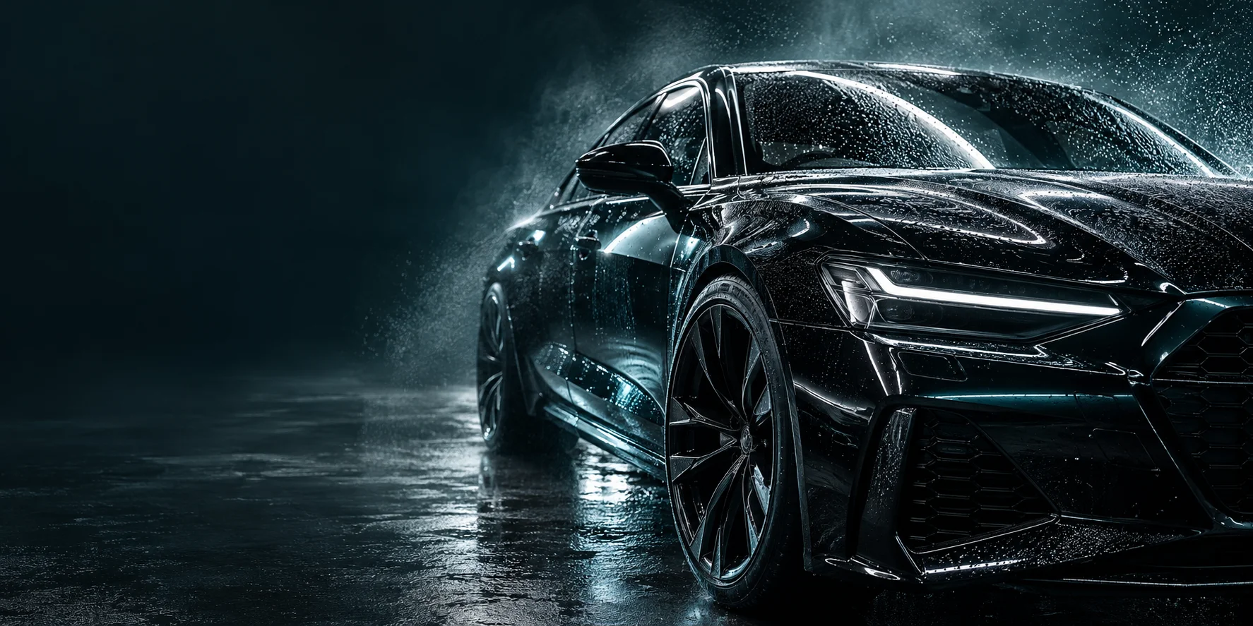 Imagen de campaña: reflejos de luz sobre un carro negro recién lavado.